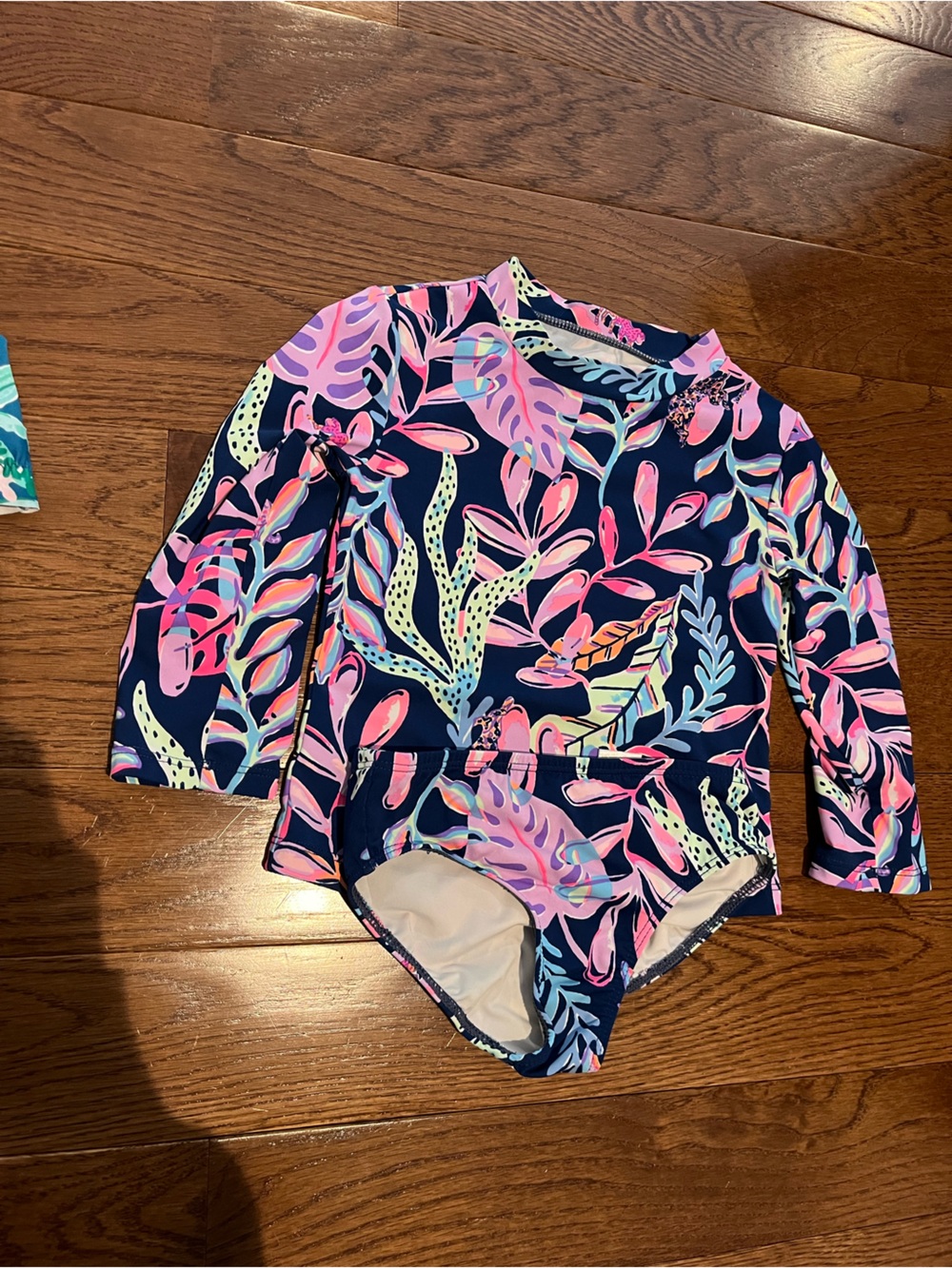 Lilly Pulitzer Navy Tropical Leaf Print Swim Top with Pink and Mint